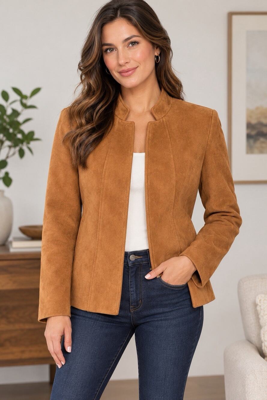 TAHARI Arthur S Levine Womens Size 10 Brown Faux Suede Jacket Y2K Zip Career